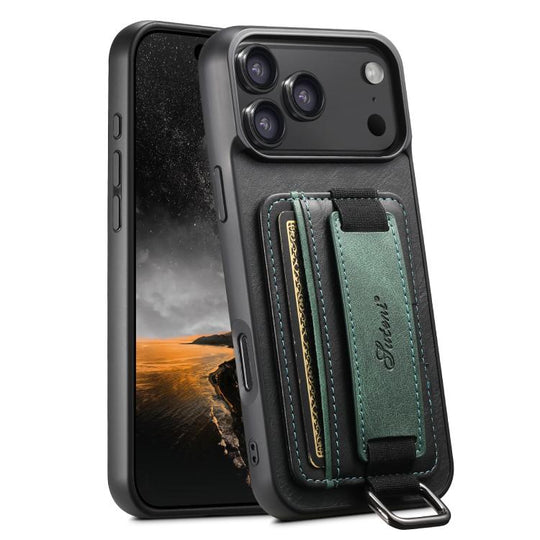 For iPhone 17 Pro Max Suteni H13 Card Wallet Wrist Strap Holder PU Phone Case(Black)