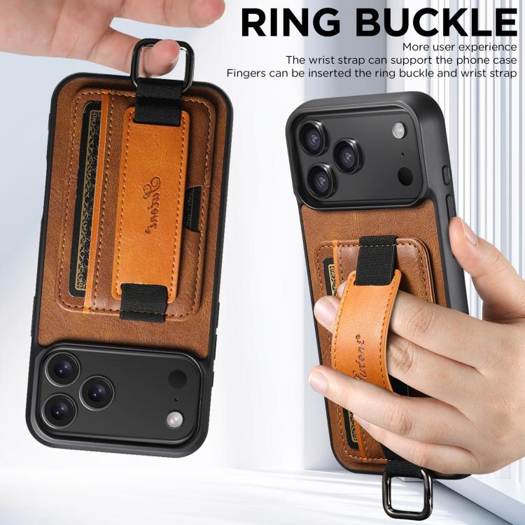 For iPhone 17 Pro Max Suteni H13 Card Wallet Wrist Strap Holder PU Phone Case(Brown) - iPhone 17 Pro Max Cases by Suteni | Online Shopping UK | buy2fix