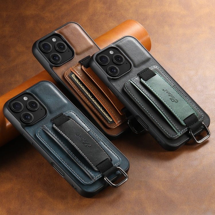 For iPhone 16 Pro Max Suteni H13 Card Wallet Wrist Strap Holder PU Phone Case(Black) by Suteni