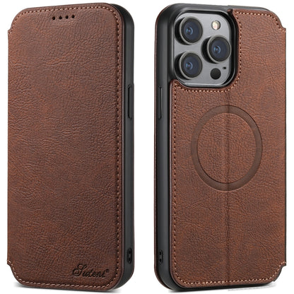 For iPhone 15 Pro Max Suteni J06 Retro Matte Litchi Texture Leather Magnetic Magsafe Phone Case(Brown) - iPhone 15 Pro Max Cases by Suteni | Online Shopping UK | buy2fix