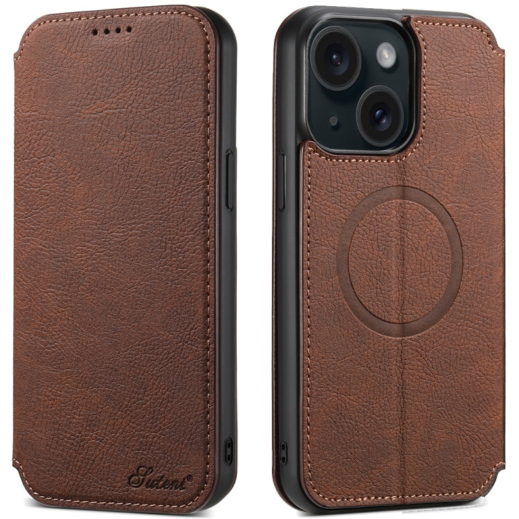 For iPhone 15 Plus Suteni J06 Retro Matte Litchi Texture Leather MagSafe Phone Case(Brown) - iPhone 15 Plus Cases by Suteni | Online Shopping UK | buy2fix