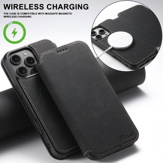 For iPhone 16 Pro Suteni J06 Retro Matte Litchi Texture Leather MagSafe Phone Case(Black) by Suteni