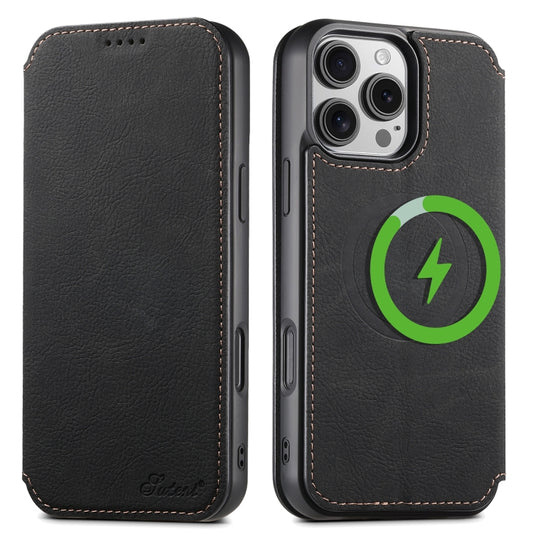 For iPhone 16 Pro Suteni J06 Retro Matte Litchi Texture Leather MagSafe Phone Case(Black) by Suteni