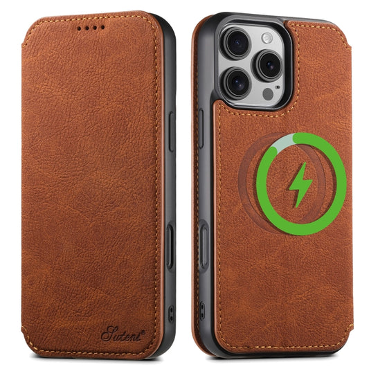 For iPhone 16 Pro Suteni J06 Retro Matte Litchi Texture Leather MagSafe Phone Case(Khaki) by Suteni