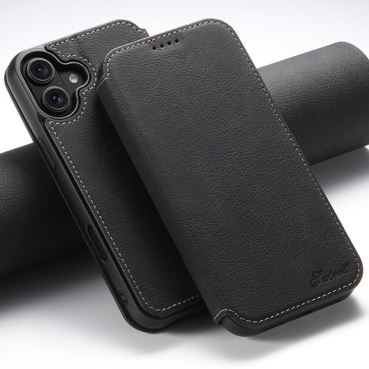 For iPhone 16 Plus Suteni J06 Retro Matte Litchi Texture Leather MagSafe Phone Case(Black) by Suteni