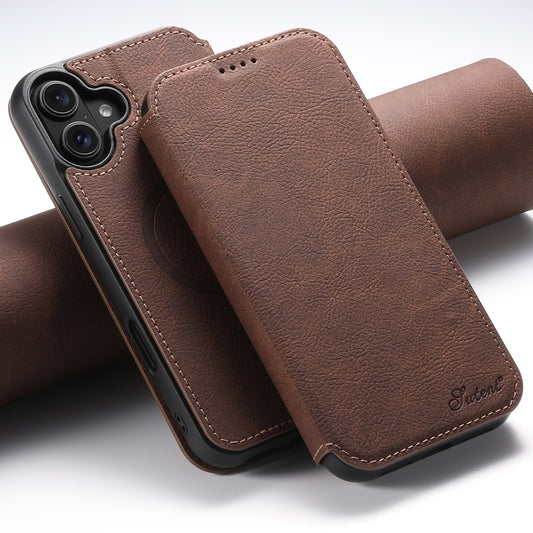 For iPhone 16 Plus Suteni J06 Retro Matte Litchi Texture Leather MagSafe Phone Case(Brown) by Suteni
