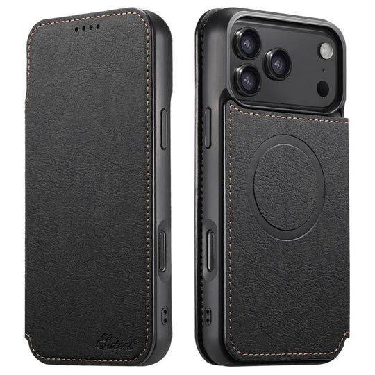For iPhone 17 Pro Suteni J06 Retro Matte Litchi Texture Leather MagSafe Phone Case(Black)