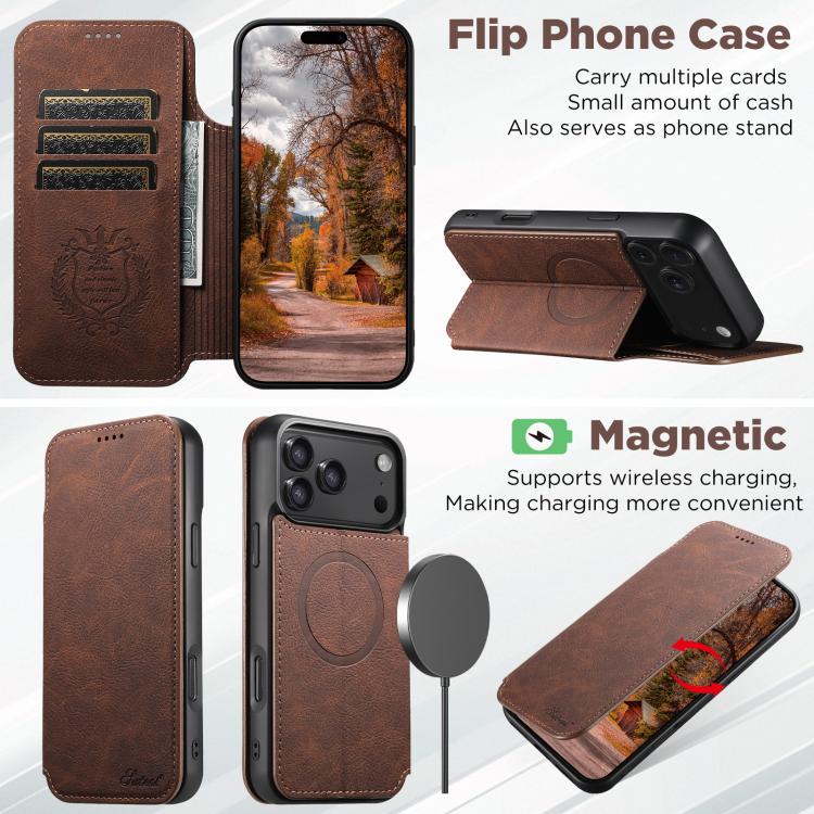 For iPhone 17 Suteni J06 Retro Matte Litchi Texture Leather MagSafe Phone Case(Brown) - iPhone 17 Cases by Suteni | Online Shopping UK | buy2fix