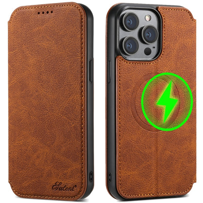 For iPhone 15 Suteni J06 Retro Matte Litchi Texture Leather Magnetic Magsafe Phone Case(Brown) - iPhone 15 Cases by Suteni | Online Shopping UK | buy2fix