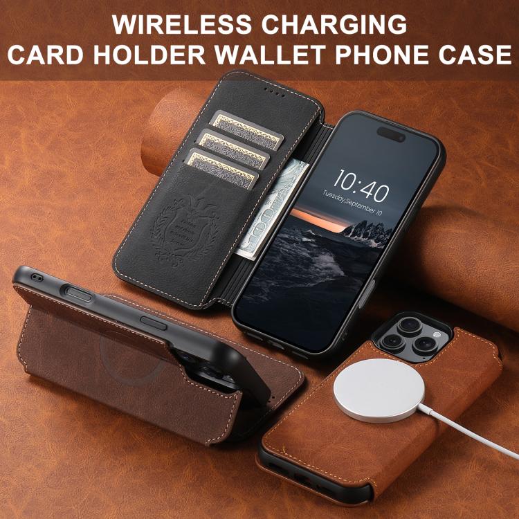 For iPhone 15 Suteni J06 Retro Matte Litchi Texture Leather MagSafe Phone Case(Brown) by Suteni