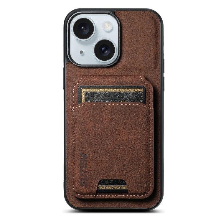 For iPhone 15 Plus Suteni H02 Litchi Leather Card Wallet Stand Back Phone Case(Brown) - iPhone 15 Plus Cases by Suteni | Online Shopping UK | buy2fix