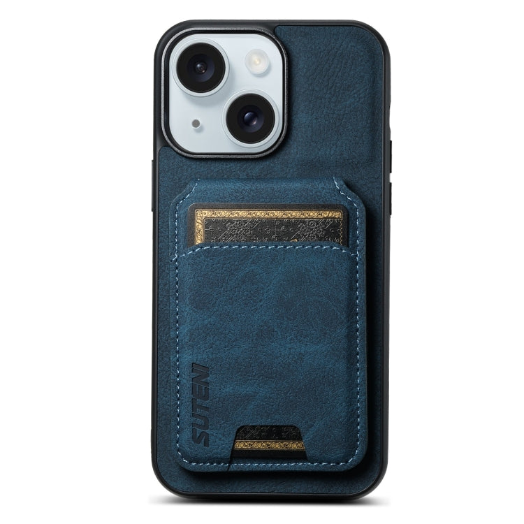 For iPhone 15 Suteni H02 Litchi Leather Card Wallet Stand Back Phone Case(Blue) - iPhone 15 Cases by Suteni | Online Shopping UK | buy2fix