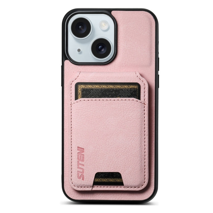 For iPhone 15 Suteni H02 Litchi Leather Card Wallet Stand Back Phone Case(Pink) - iPhone 15 Cases by Suteni | Online Shopping UK | buy2fix
