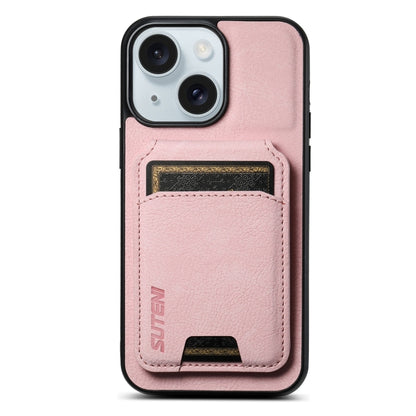 For iPhone 15 Suteni H02 Litchi Leather Card Wallet Stand Back Phone Case(Pink) - iPhone 15 Cases by Suteni | Online Shopping UK | buy2fix