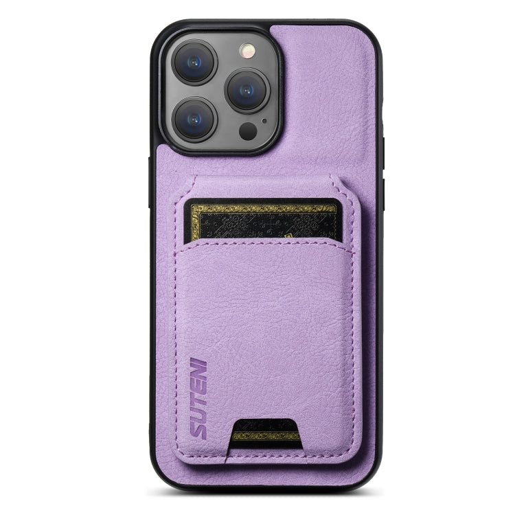 For iPhone 14 Pro Suteni H02 Litchi Leather Card Wallet Stand Back Phone Case(Purple) - iPhone 14 Pro Cases by Suteni | Online Shopping UK | buy2fix