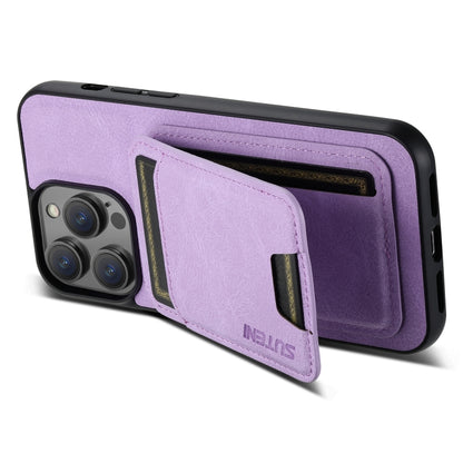 For iPhone 12 / 12 Pro Suteni H02 Litchi Leather Card Wallet Stand Back Phone Case(Purple) - iPhone 12 / 12 Pro Cases by Suteni | Online Shopping UK | buy2fix