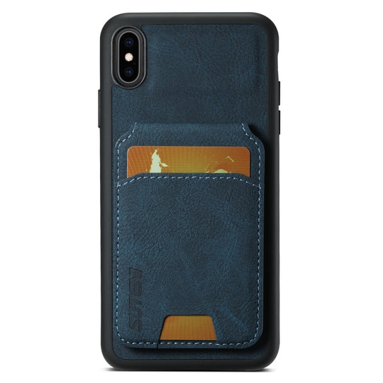 For iPhone XR Suteni H02 Litchi Leather Card Wallet Stand Back Phone Case(Blue)