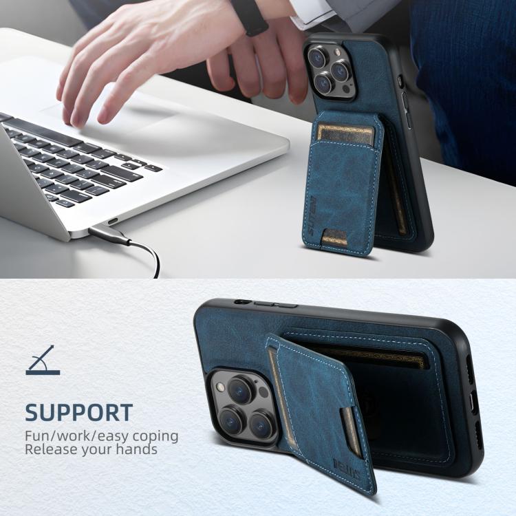 For iPhone 16e Suteni H02 Litchi Leather Card Wallet Stand Back Phone Case(Blue) - iPhone 16e Cases by Suteni | Online Shopping UK | buy2fix