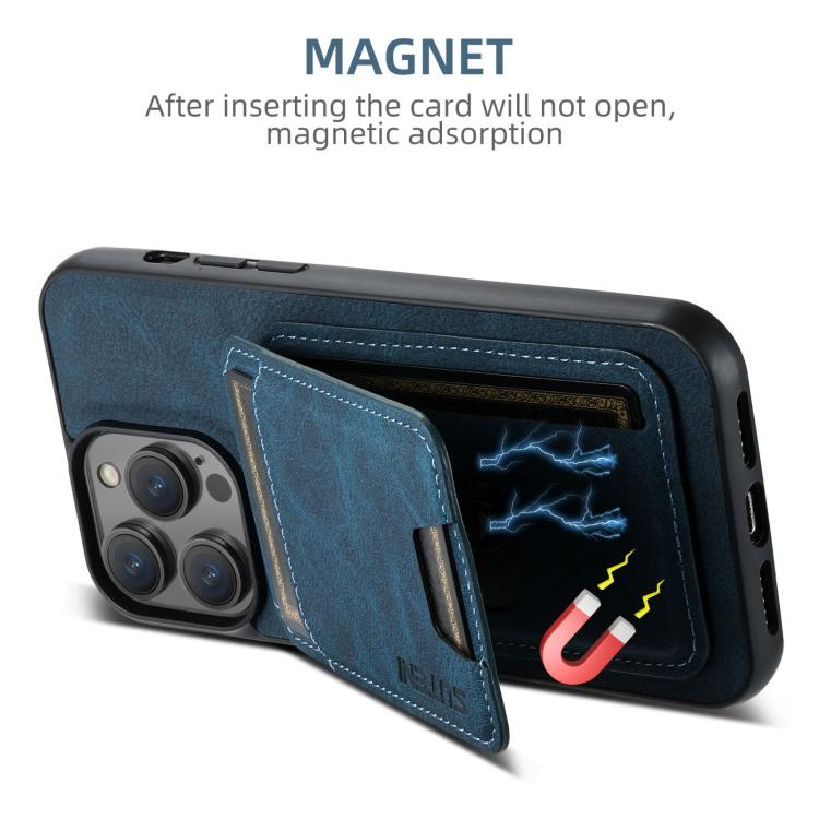 For iPhone 16e Suteni H02 Litchi Leather Card Wallet Stand Back Phone Case(Blue) - iPhone 16e Cases by Suteni | Online Shopping UK | buy2fix
