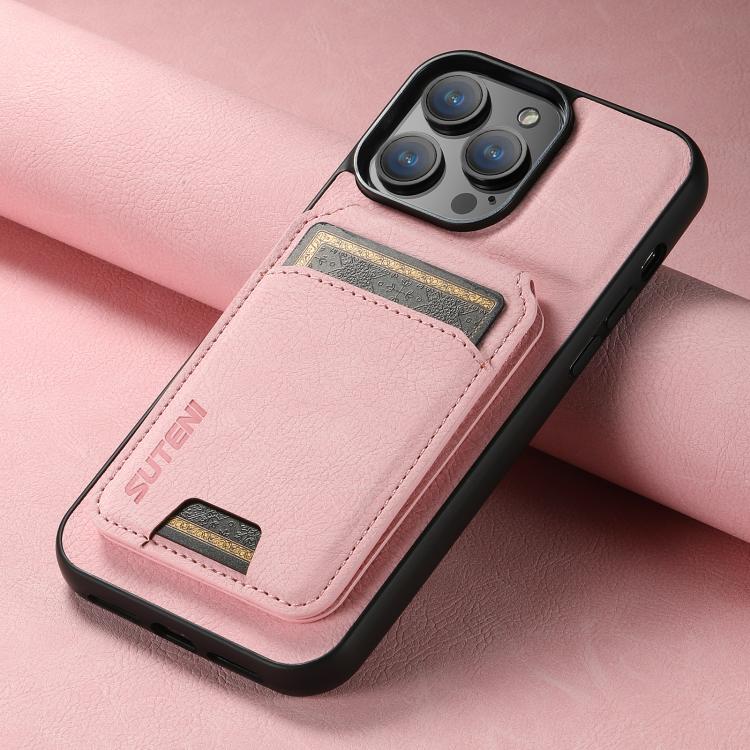 For iPhone 16e Suteni H02 Litchi Leather Card Wallet Stand Back Phone Case(Pink) - iPhone 16e Cases by Suteni | Online Shopping UK | buy2fix