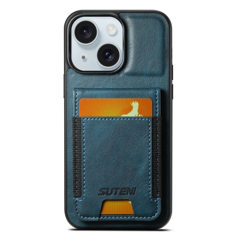 For iPhone 15 Suteni H03 Oil Wax Leather Wallet Stand Back Phone Case(Blue) - iPhone 15 Cases by Suteni | Online Shopping UK | buy2fix