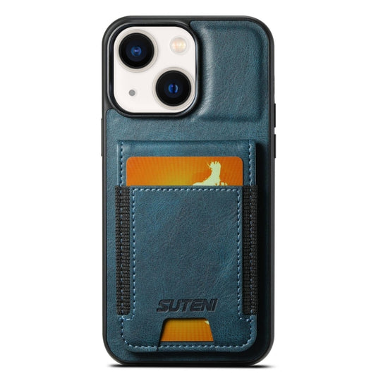 For iPhone 14 Suteni H03 Oil Wax Leather Wallet Stand Back Phone Case(Blue) - iPhone 14 Cases by Suteni | Online Shopping UK | buy2fix