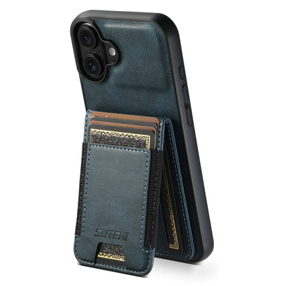 For iPhone 16 Plus Suteni H03 Oil Wax Leather Wallet Stand Back Phone Case(Blue) by Suteni
