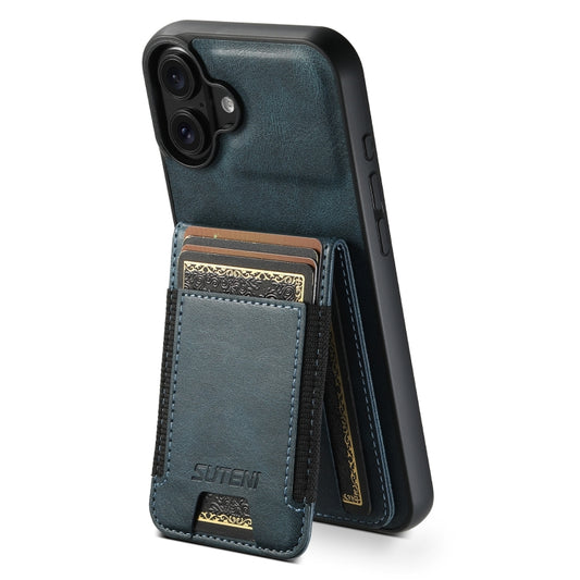 For iPhone 16 Plus Suteni H03 Oil Wax Leather Wallet Stand Back Phone Case(Blue) by Suteni