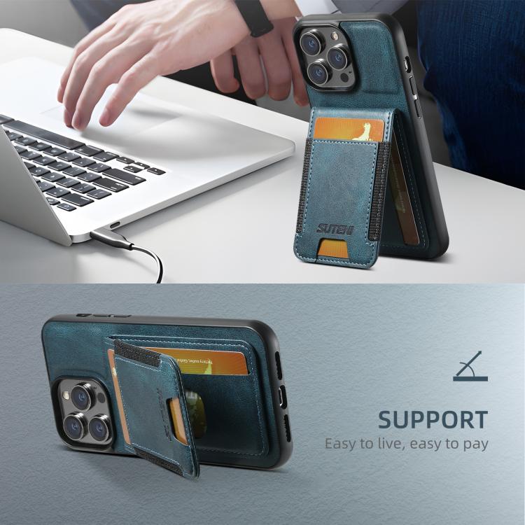For iPhone 16e Suteni H03 Oil Wax Leather Wallet Stand Back Phone Case(Blue) - iPhone 16e Cases by Suteni | Online Shopping UK | buy2fix