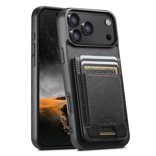 For iPhone 17 Pro Suteni H03 Oil Wax Leather Wallet Stand Back Phone Case(Black)