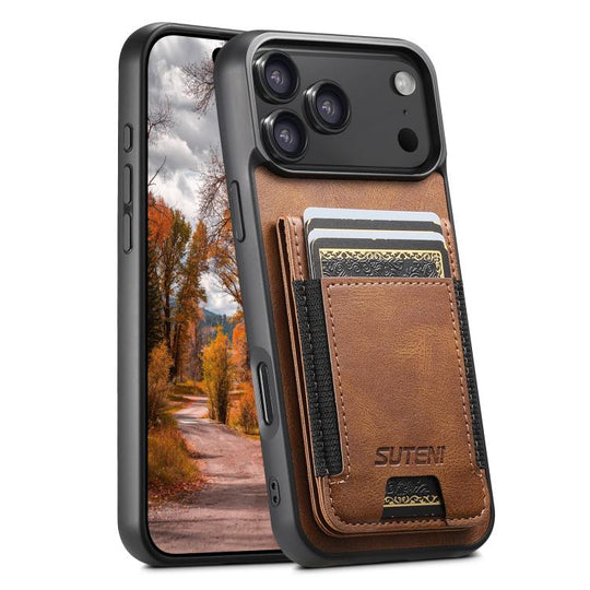 For iPhone 17 Pro Suteni H03 Oil Wax Leather Wallet Stand Back Phone Case(Brown)