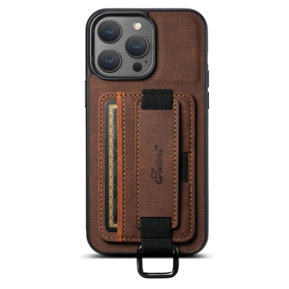 For iPhone 15 Plus Suteni H13 Litchi Leather Wrist Strap Wallet Back Phone Case(Brown) - iPhone 15 Plus Cases by Suteni | Online Shopping UK | buy2fix