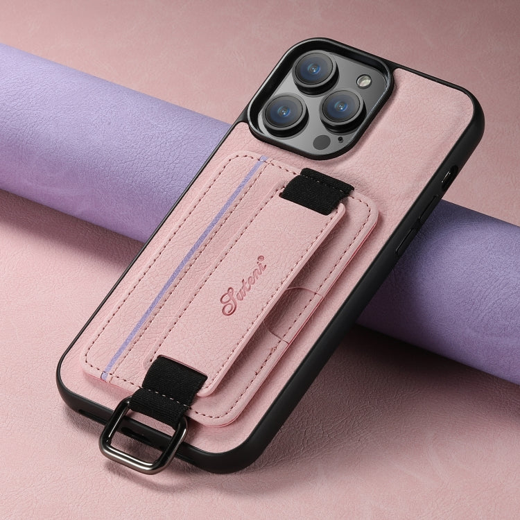 For iPhone 15 Plus Suteni H13 Litchi Leather Wrist Strap Wallet Back Phone Case(Pink) - iPhone 15 Plus Cases by Suteni | Online Shopping UK | buy2fix
