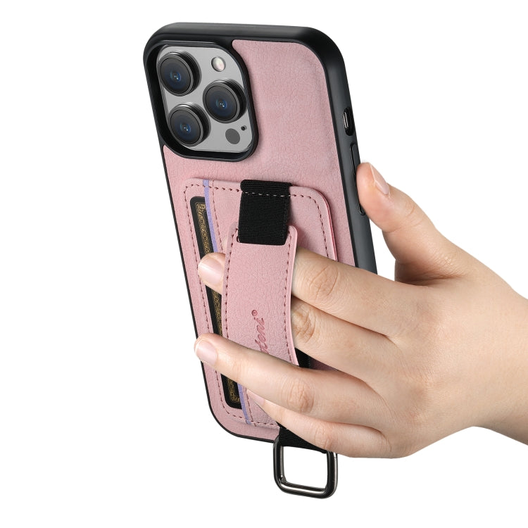 For iPhone 15 Plus Suteni H13 Litchi Leather Wrist Strap Wallet Back Phone Case(Pink) - iPhone 15 Plus Cases by Suteni | Online Shopping UK | buy2fix