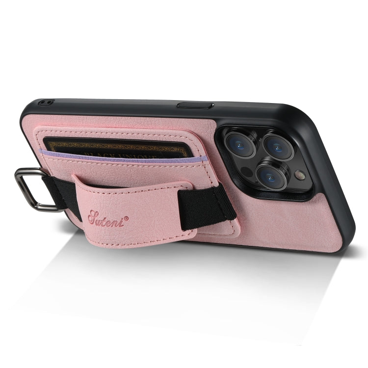 For iPhone 15 Plus Suteni H13 Litchi Leather Wrist Strap Wallet Back Phone Case(Pink) - iPhone 15 Plus Cases by Suteni | Online Shopping UK | buy2fix