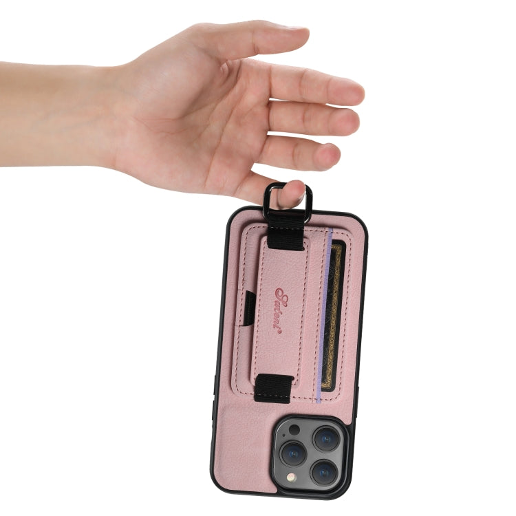 For iPhone 15 Plus Suteni H13 Litchi Leather Wrist Strap Wallet Back Phone Case(Pink) - iPhone 15 Plus Cases by Suteni | Online Shopping UK | buy2fix