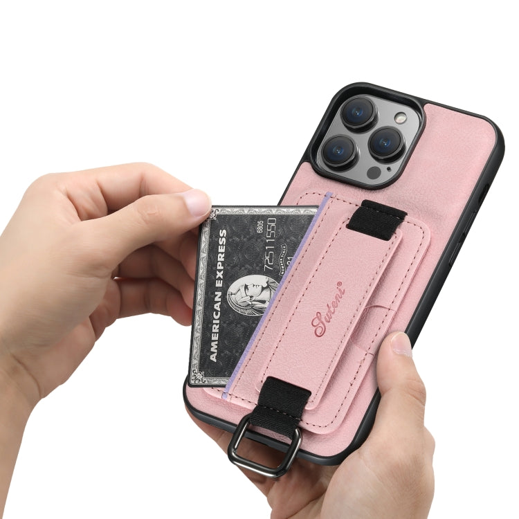 For iPhone 15 Suteni H13 Litchi Leather Wrist Strap Wallet Back Phone Case(Pink) - iPhone 15 Cases by Suteni | Online Shopping UK | buy2fix