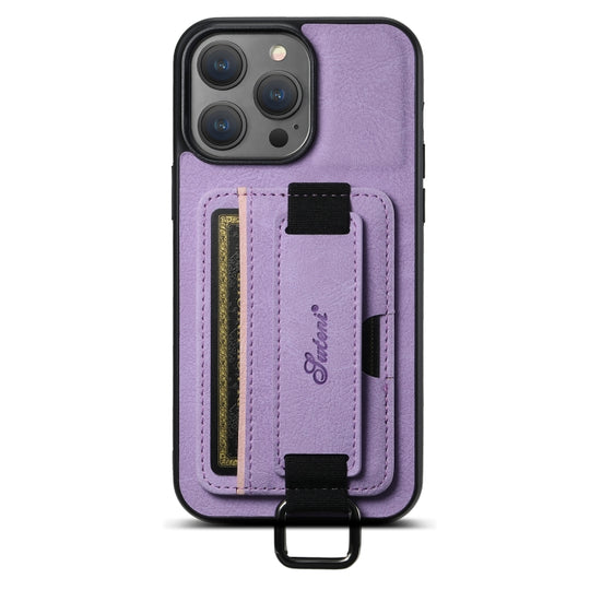 For iPhone 15 Suteni H13 Litchi Leather Wrist Strap Wallet Back Phone Case(Purple)