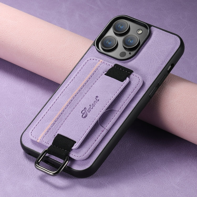 For iPhone 14 Plus Suteni H13 Litchi Leather Wrist Strap Wallet Back Phone Case(Purple) - iPhone 14 Plus Cases by Suteni | Online Shopping UK | buy2fix