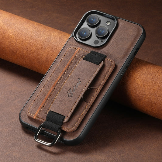 For iPhone 14 Suteni H13 Litchi Leather Wrist Strap Wallet Back Phone Case(Brown) - iPhone 14 Cases by Suteni | Online Shopping UK | buy2fix