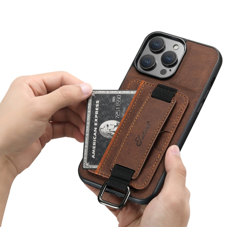 For iPhone 14 Suteni H13 Litchi Leather Wrist Strap Wallet Back Phone Case(Brown) - iPhone 14 Cases by Suteni | Online Shopping UK | buy2fix
