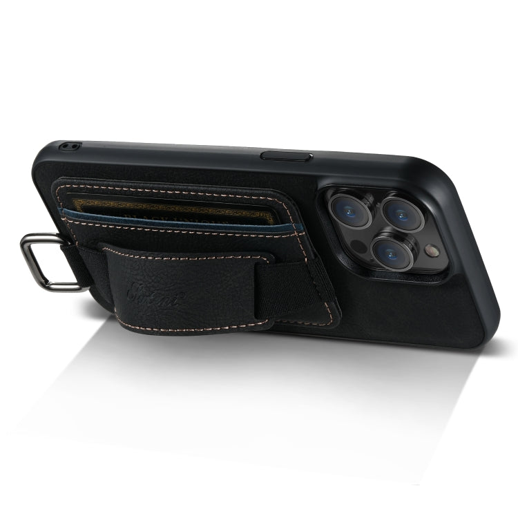 For iPhone 14 Pro Suteni H13 Litchi Leather Wrist Strap Wallet Back Phone Case(Black) - iPhone 14 Pro Cases by Suteni | Online Shopping UK | buy2fix