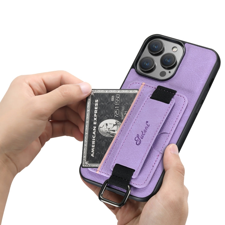 For iPhone 14 Pro Max Suteni H13 Litchi Leather Wrist Strap Wallet Back Phone Case(Purple) - iPhone 14 Pro Max Cases by Suteni | Online Shopping UK | buy2fix
