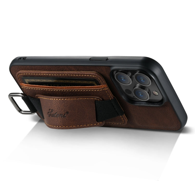 For iPhone 12 Pro Max Suteni H13 Litchi Leather Wrist Strap Wallet Back Phone Case(Brown) - iPhone 12 Pro Max Cases by Suteni | Online Shopping UK | buy2fix