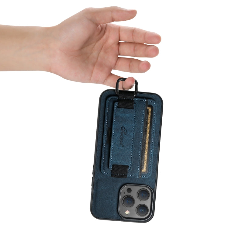 For iPhone 12 Pro Max Suteni H13 Litchi Leather Wrist Strap Wallet Back Phone Case(Blue) - iPhone 12 Pro Max Cases by Suteni | Online Shopping UK | buy2fix