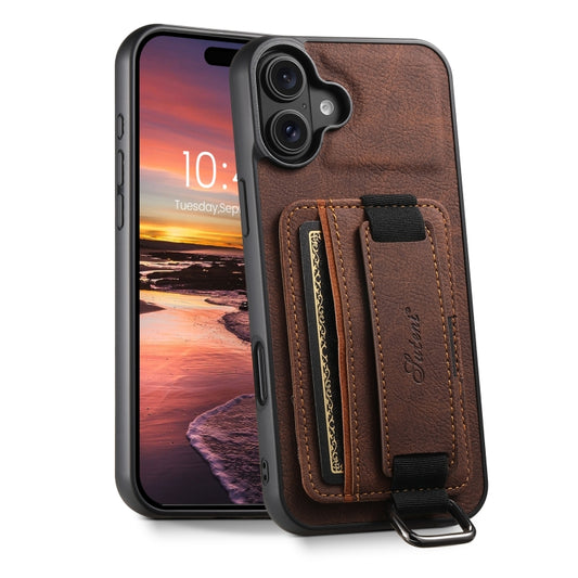 For iPhone 16 Plus Suteni H13 Litchi Leather Wrist Strap Wallet Back Phone Case(Brown) - iPhone 16 Plus Cases by Suteni | Online Shopping UK | buy2fix