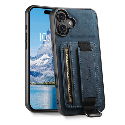 For iPhone 16 Plus Suteni H13 Litchi Leather Wrist Strap Wallet Back Phone Case(Blue) - iPhone 16 Plus Cases by Suteni | Online Shopping UK | buy2fix