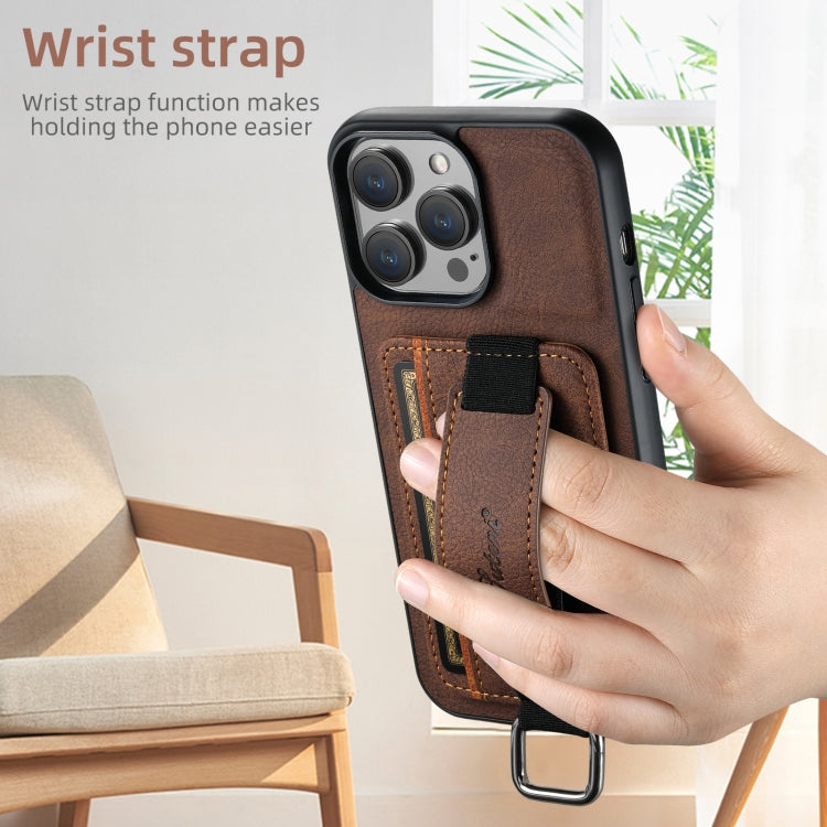 For iPhone 16 Suteni H13 Litchi Leather Wrist Strap Wallet Back Phone Case(Brown) - iPhone 16 Cases by Suteni | Online Shopping UK | buy2fix