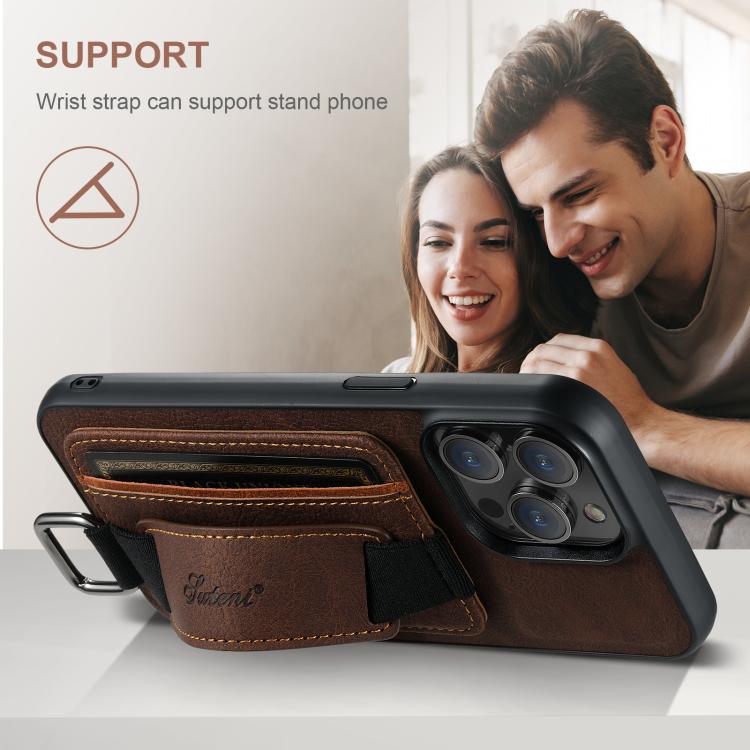 For iPhone 16e Suteni H13 Litchi Leather Wrist Strap Wallet Back Phone Case(Brown) - iPhone 16e Cases by Suteni | Online Shopping UK | buy2fix