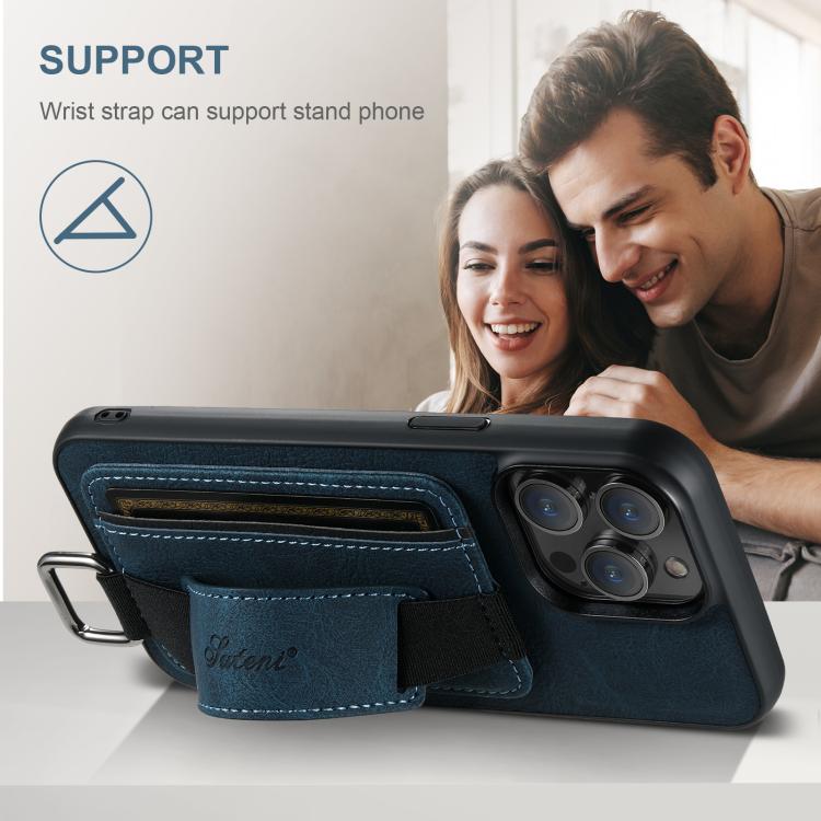 For iPhone 16e Suteni H13 Litchi Leather Wrist Strap Wallet Back Phone Case(Blue) - iPhone 16e Cases by Suteni | Online Shopping UK | buy2fix